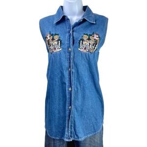 Vintage 90's Chambray Teddy Bears Sunflowers Sleeveless Button Front Shirt M